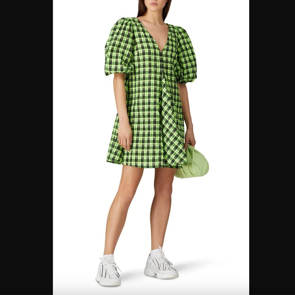 Ganni Green Seersucker Black Plaid Puff Sleeve Mini Dress 38 / US 6 / US M